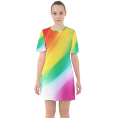 Red Yellow White Pink Green Blue Rainbow Color Mix Sixties Short Sleeve Mini Dress