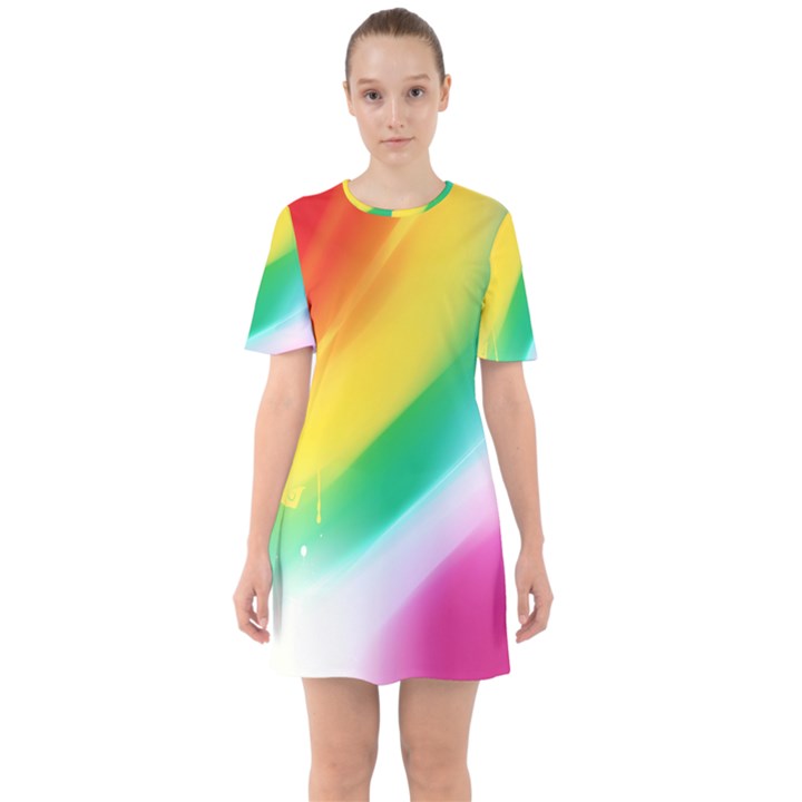 Red Yellow White Pink Green Blue Rainbow Color Mix Sixties Short Sleeve Mini Dress