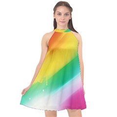 Red Yellow White Pink Green Blue Rainbow Color Mix Halter Neckline Chiffon Dress 