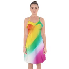 Red Yellow White Pink Green Blue Rainbow Color Mix Ruffle Detail Chiffon Dress