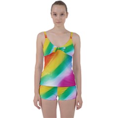 Red Yellow White Pink Green Blue Rainbow Color Mix Tie Front Two Piece Tankini