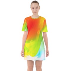 Red Yellow Green Blue Rainbow Color Mix Sixties Short Sleeve Mini Dress