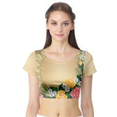 Rose Sunflower Star Floral Flower Frame Green Leaf Short Sleeve Crop Top