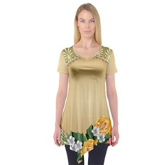 Rose Sunflower Star Floral Flower Frame Green Leaf Short Sleeve Tunic 