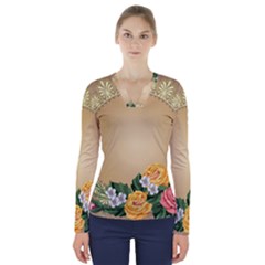 Rose Sunflower Star Floral Flower Frame Green Leaf V-neck Long Sleeve Top