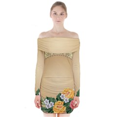 Rose Sunflower Star Floral Flower Frame Green Leaf Long Sleeve Off Shoulder Dress