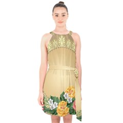 Rose Sunflower Star Floral Flower Frame Green Leaf Halter Collar Waist Tie Chiffon Dress