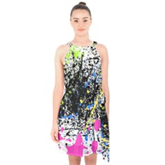 Spot Paint Pink Black Green Yellow Blue Sexy Halter Collar Waist Tie Chiffon Dress