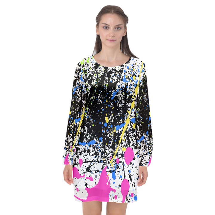 Spot Paint Pink Black Green Yellow Blue Sexy Long Sleeve Chiffon Shift Dress 