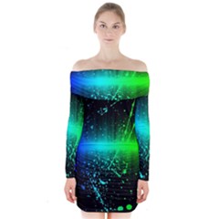 Space Galaxy Green Blue Black Spot Light Neon Rainbow Long Sleeve Off Shoulder Dress by Mariart