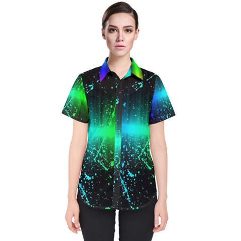 Space Galaxy Green Blue Black Spot Light Neon Rainbow Women s Short Sleeve Shirt by Mariart