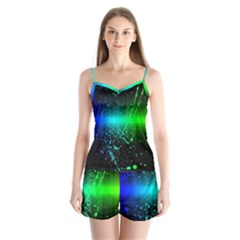 Space Galaxy Green Blue Black Spot Light Neon Rainbow Satin Pajamas Set by Mariart