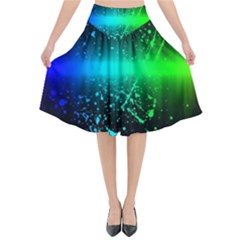 Space Galaxy Green Blue Black Spot Light Neon Rainbow Flared Midi Skirt