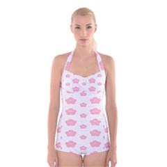 Star Pink Flower Polka Dots Boyleg Halter Swimsuit 