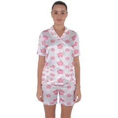 Star Pink Flower Polka Dots Satin Short Sleeve Pyjamas Set