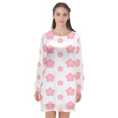 Star Pink Flower Polka Dots Long Sleeve Chiffon Shift Dress 