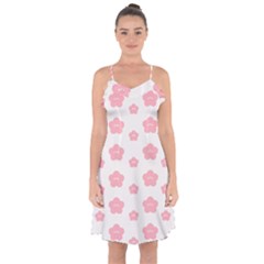 Star Pink Flower Polka Dots Ruffle Detail Chiffon Dress