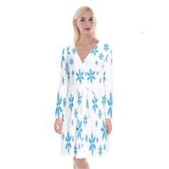 Star Flower Blue Long Sleeve Velvet Front Wrap Dress