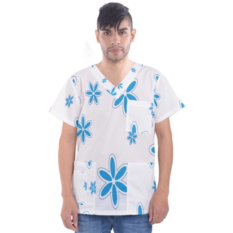 Star Flower Blue Men s V-neck Scrub Top by Mariart