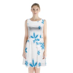 Star Flower Blue Sleeveless Waist Tie Chiffon Dress