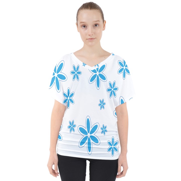 Star Flower Blue V-Neck Dolman Drape Top