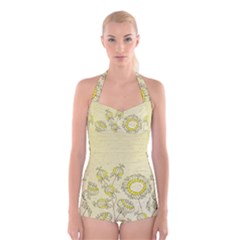 Sunflower Fly Flower Floral Boyleg Halter Swimsuit 