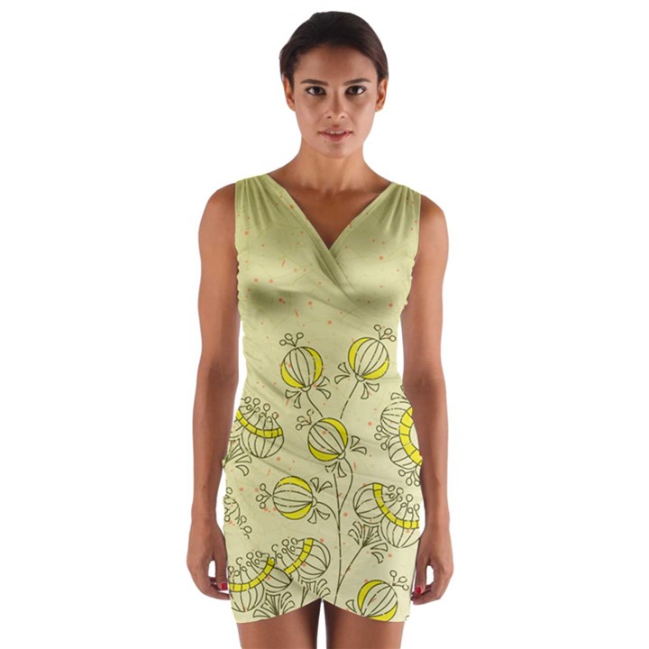 Sunflower Fly Flower Floral Wrap Front Bodycon Dress