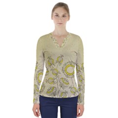 Sunflower Fly Flower Floral V-neck Long Sleeve Top by Mariart