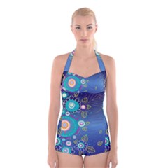 Flower Blue Floral Sunflower Star Polka Dots Sexy Boyleg Halter Swimsuit 