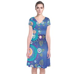 Flower Blue Floral Sunflower Star Polka Dots Sexy Short Sleeve Front Wrap Dress