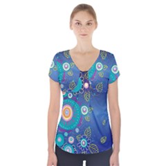 Flower Blue Floral Sunflower Star Polka Dots Sexy Short Sleeve Front Detail Top by Mariart