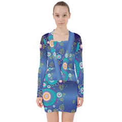 Flower Blue Floral Sunflower Star Polka Dots Sexy V-neck Bodycon Long Sleeve Dress