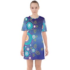 Flower Blue Floral Sunflower Star Polka Dots Sexy Sixties Short Sleeve Mini Dress