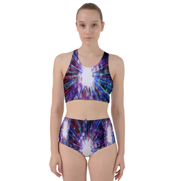 Seamless Animation Of Abstract Colorful Laser Light And Fireworks Rainbow Racer Back Bikini Set