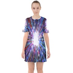 Seamless Animation Of Abstract Colorful Laser Light And Fireworks Rainbow Sixties Short Sleeve Mini Dress