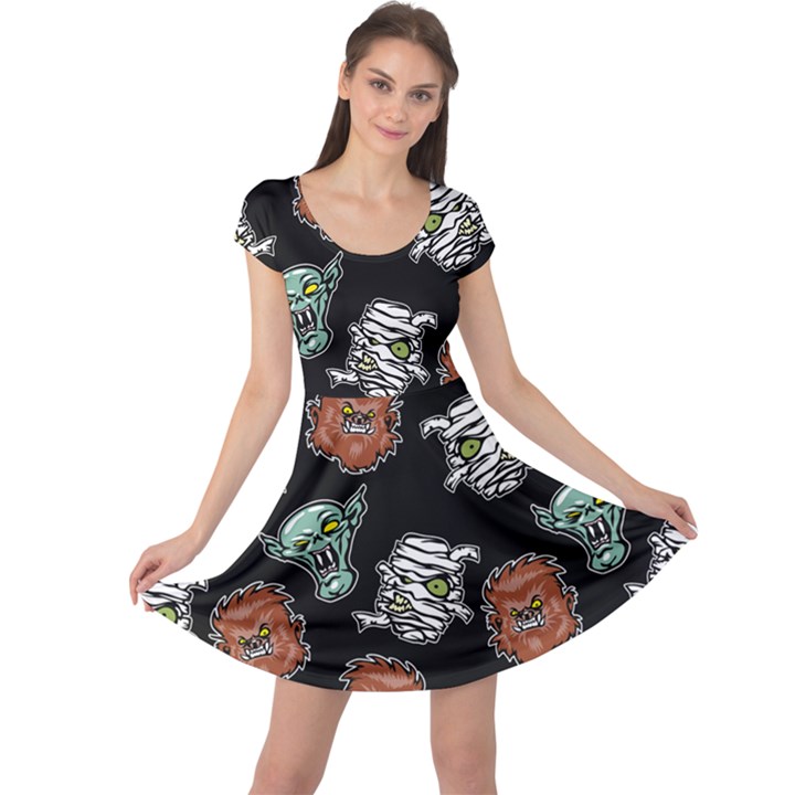 Pattern Halloween Werewolf Mummy Vampire iCreate Cap Sleeve Dress