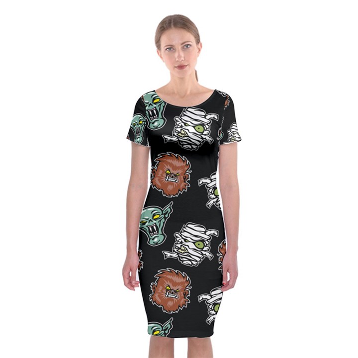 Pattern Halloween Werewolf Mummy Vampire iCreate Classic Short Sleeve Midi Dress