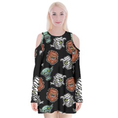 Pattern Halloween Werewolf Mummy Vampire Icreate Velvet Long Sleeve Shoulder Cutout Dress