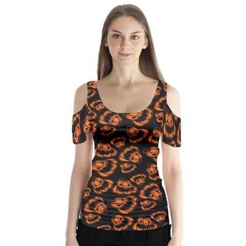 Pattern Halloween Jackolantern Butterfly Sleeve Cutout Tee  by iCreate