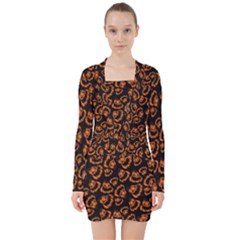 Pattern Halloween Jackolantern V-neck Bodycon Long Sleeve Dress