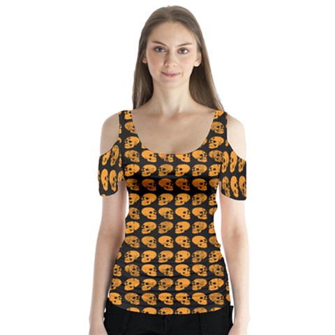 Halloween Color Skull Heads Butterfly Sleeve Cutout Tee  by iCreate