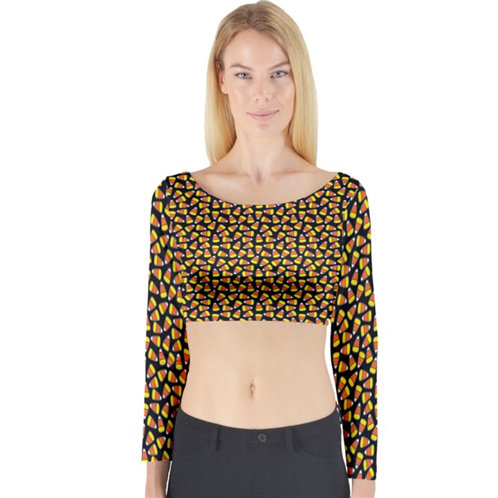 Pattern Halloween Candy Corn   Long Sleeve Crop Top