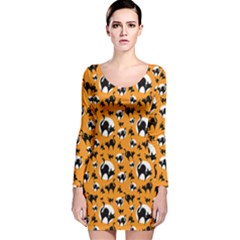 Pattern Halloween Black Cat Hissing Long Sleeve Velvet Bodycon Dress