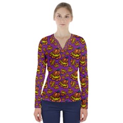 Halloween Colorful Jackolanterns  V-neck Long Sleeve Top