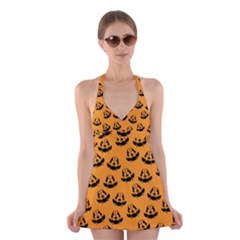 Halloween Jackolantern Pumpkins iCreate Halter Swimsuit Dress