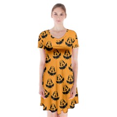 Halloween Jackolantern Pumpkins Icreate Short Sleeve V-neck Flare Dress by iCreate