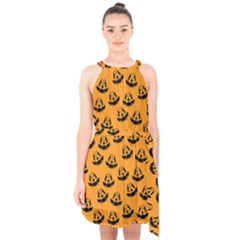 Halloween Jackolantern Pumpkins Icreate Halter Collar Waist Tie Chiffon Dress by iCreate