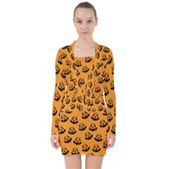 Halloween Jackolantern Pumpkins Icreate V-neck Bodycon Long Sleeve Dress by iCreate