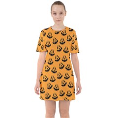 Halloween Jackolantern Pumpkins Icreate Sixties Short Sleeve Mini Dress by iCreate