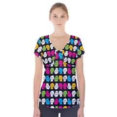 Pattern Painted Skulls Icreate Short Sleeve Front Detail Top by iCreate